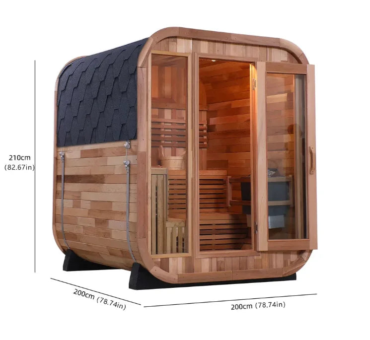 Cedar Square Barrel Steam Sauna 4-person Outdoor Garden Traditional Steam Sauna with Black Asfalt Roof Shingle Tiles