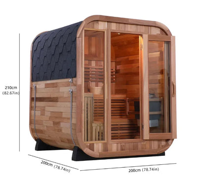 Cedar Square Barrel Steam Sauna 4-person Outdoor Garden Traditional Steam Sauna with Black Asfalt Roof Shingle Tiles