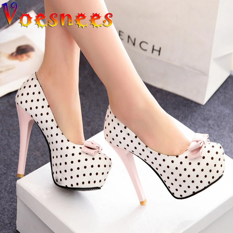 Voesnees New Sweet Bow Stiletto Pumps Polka Dot Pattern Comfortable Waterproof Platform Women Shoes 12CM High-Heel Single Shoes