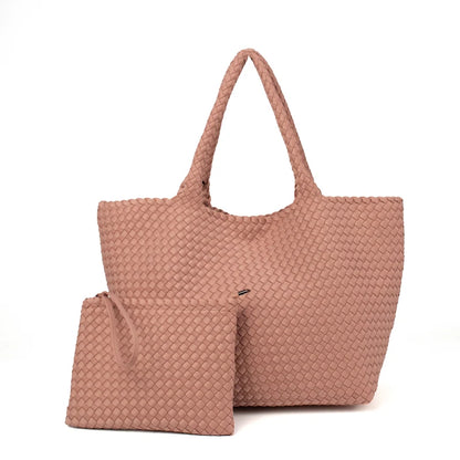 2 Pcs Set Fashion Casual Shoulder Waterproof Lady Woven Purse Hobo Women Neoprene Tote Bag Large Capacity Patchwork Handbag