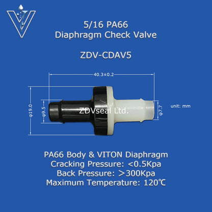 ZDVseal 3/8 Inch Nylon 66 Diaphragm Check Valve with Barbed End for 8mm Hose Automotive Oil Ink Water and Gas Systems