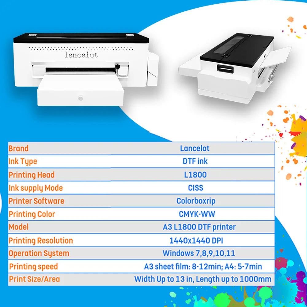 US Factory Wholesale Lancelot A3 L1800 DTF Printer Bundle with Laptop and Oven Full Direct to Film Printing Machine for DIY