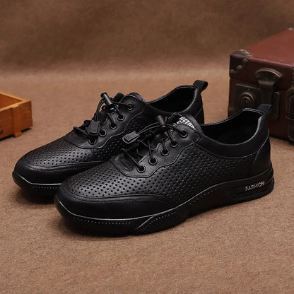 Genuine Leather Lace-up Men's Boat Shoes Round Toe Breathable Solid Summer Casual Rubber Outsole EVA Midsole Shoe Tongue Logo