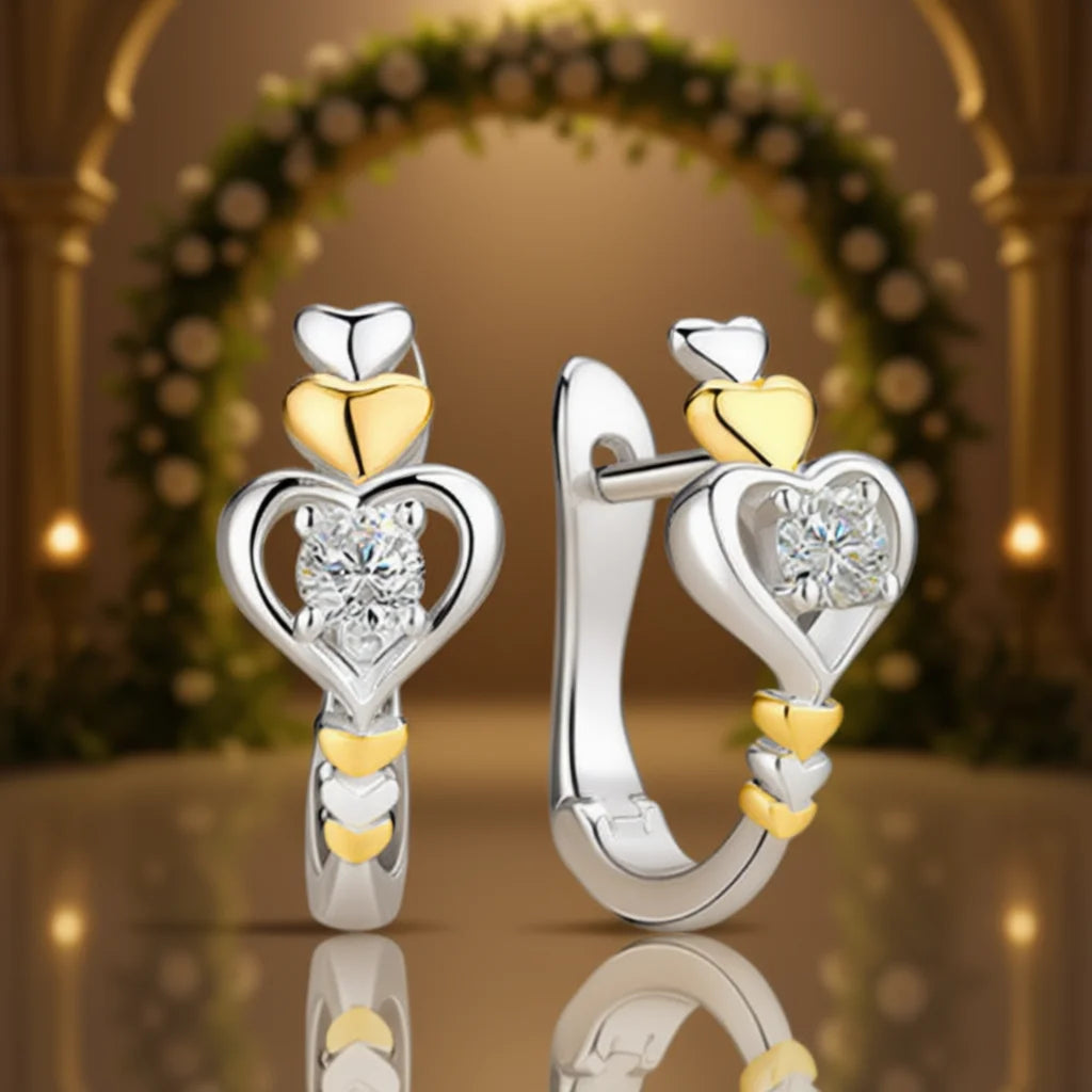 Romantic Two-tone Heart Stud Earrings 925 Silver 18K Gold Plated Round Crystal Rhinestone Wedding Jewelry For Women
