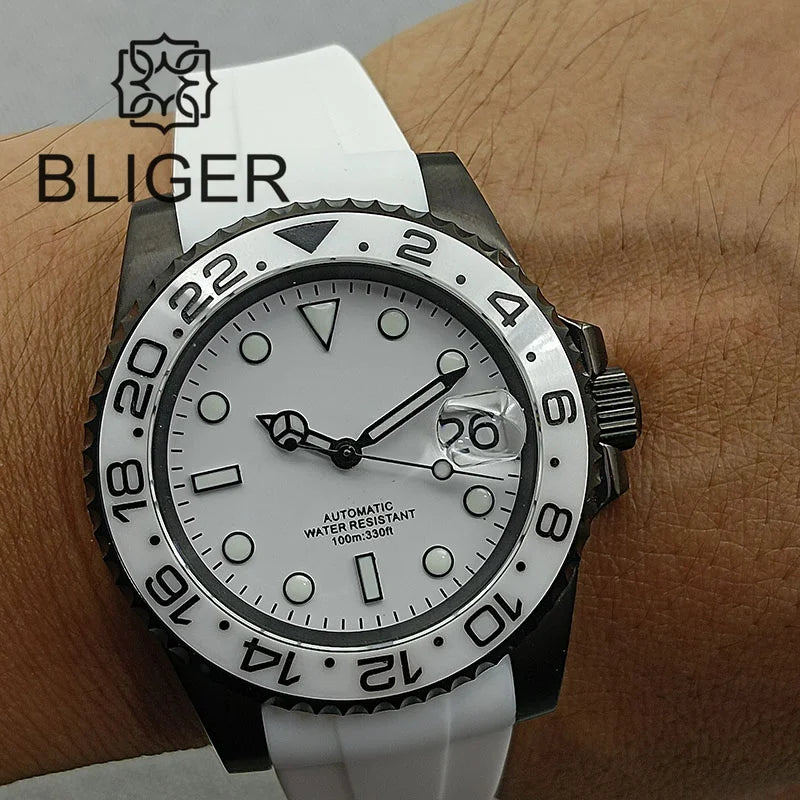 BLIGER 40mm NH35A Automatic Watch for Men White Ceramic Bezel Black  Case Green Luminous Date Magnified Rubber Strap