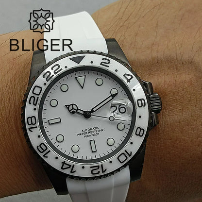 BLIGER 40mm NH35A Automatic Watch for Men White Ceramic Bezel Black  Case Green Luminous Date Magnified Rubber Strap