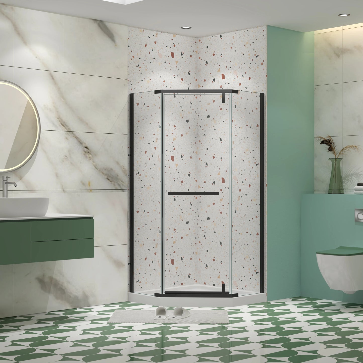 34.75" X 72" Frameless Neo-Angle Pivot Shower Door Matte Black 1/4" Tempered Glass