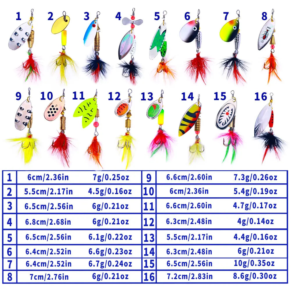 16pcs Spinners Lure Set Baits Set With Tackle Bag Trout Bass Salmon Pike Walleye Fishing Lures