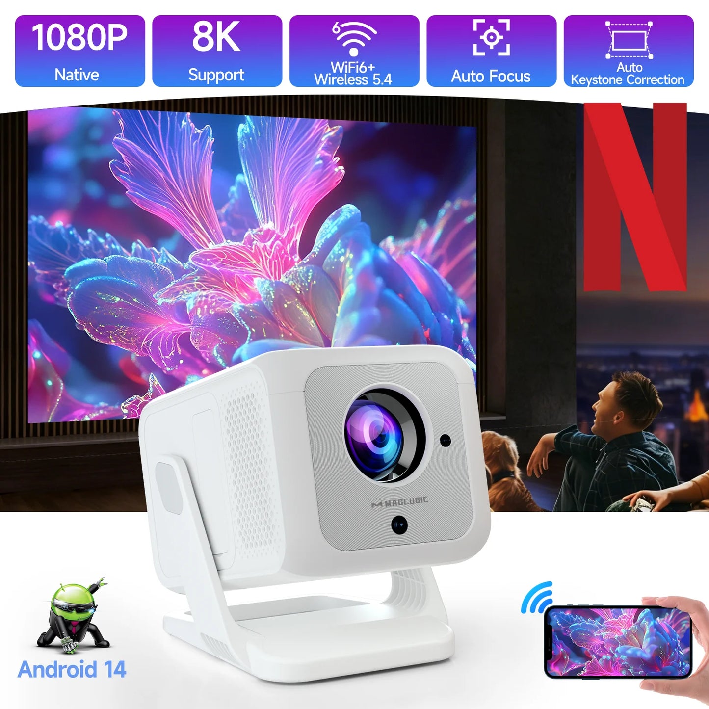 Portable Projector Magcubic HY310X Android 14 1080P 8K Support with Built-in Speakers Newest Model Outdoor Use From OEM Factory