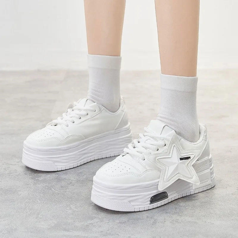 Leather Pink Chunky Sneakers Platform Lace-up Casual Shoes Women's Outdoor Walking Shoes