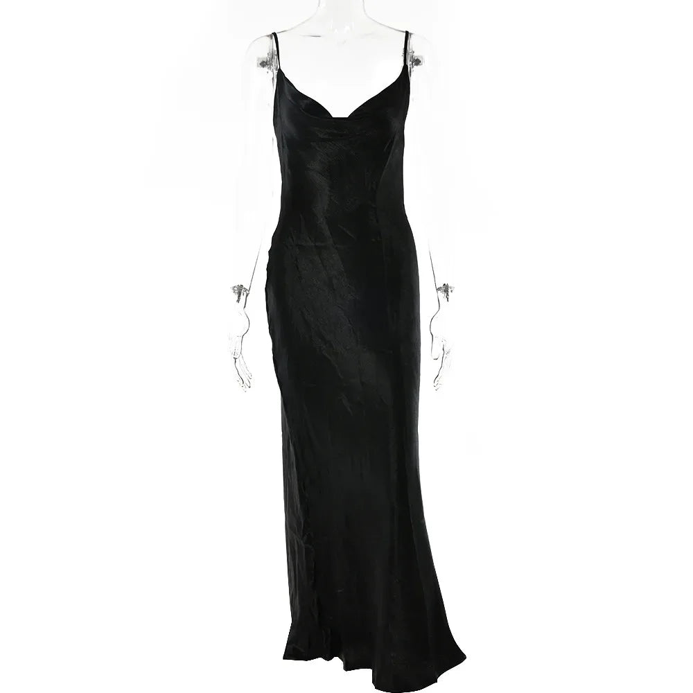 Sexy Spaghetti Strap Backless Summer Dress Women Satin Lace up Trumpet Long Dress Elegant Bodycon Party Dresses 2021