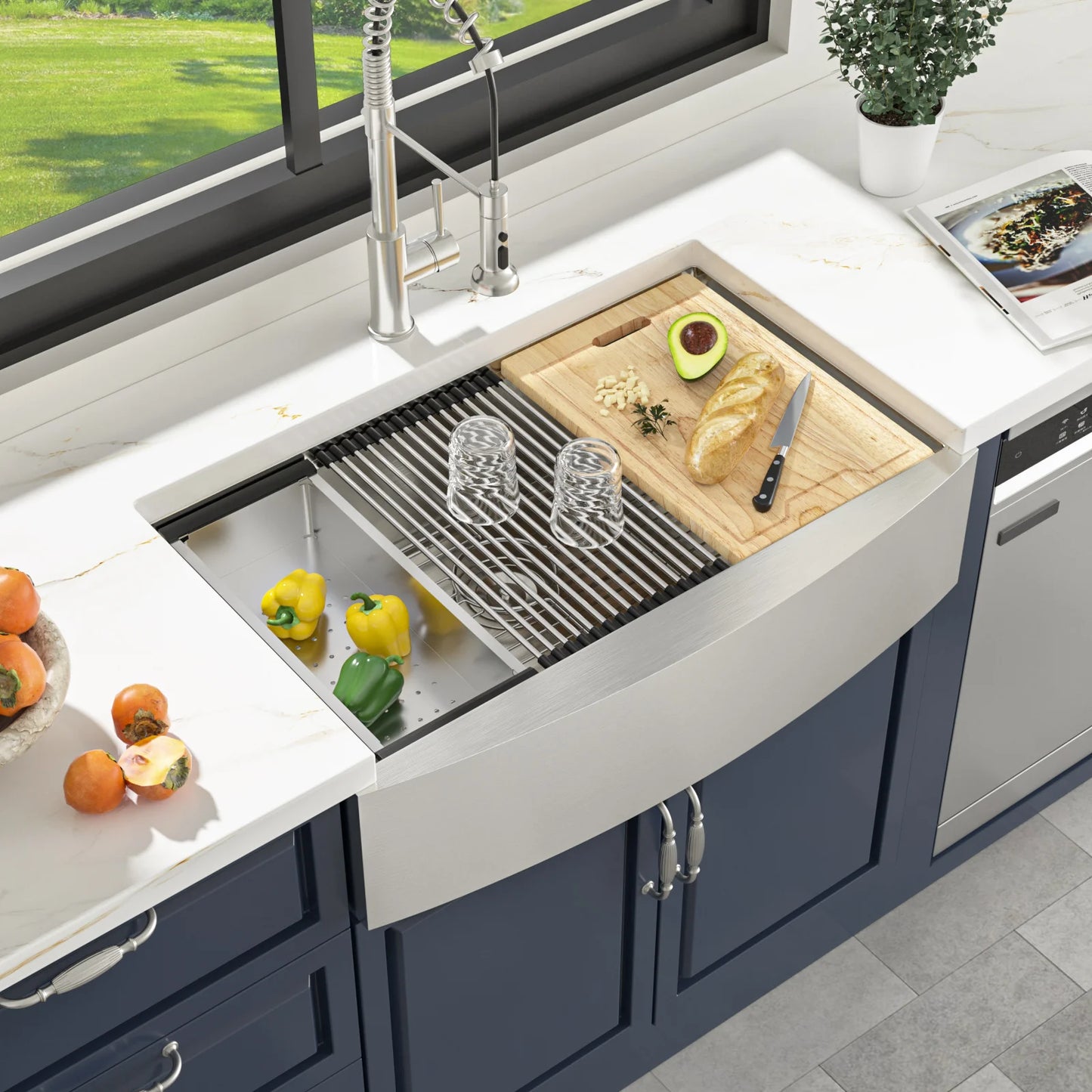 US Warehouse 16 Gauge Stainless Steel Single Bowl with Cutting Board 33*21 Inches Apron Front Workstation Kitchen Sink
