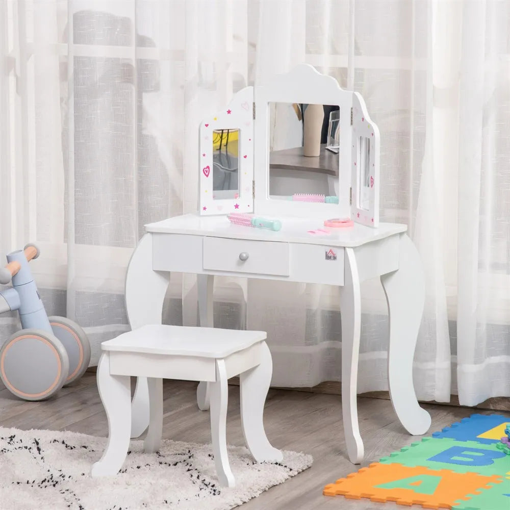Homcom Wooden Children's Dressing Table with Mirror Stool Drawer Makeup Table Pink