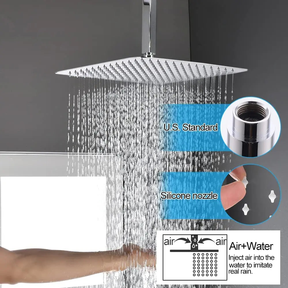 16 Inch Ceiling Mount Shower Faucet Combo Set Triple Handle Square Shower Head Thermostatic Faucets Brass Polished Finish 5 Year