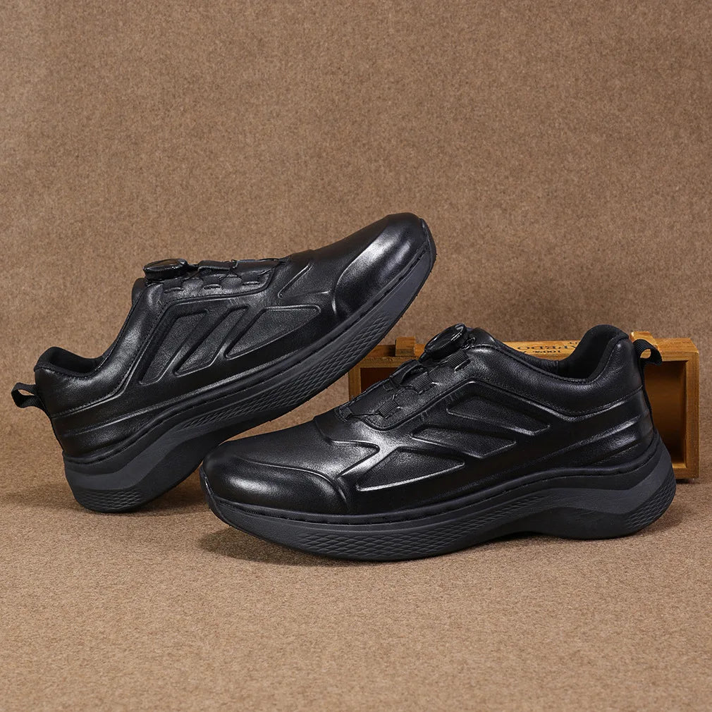 Men's Genuine Leather Sporty Chunky Shoes Round Toe Lace-up Rubber Outsole EVA Midsole Cushioned Autumn Casual Wear
