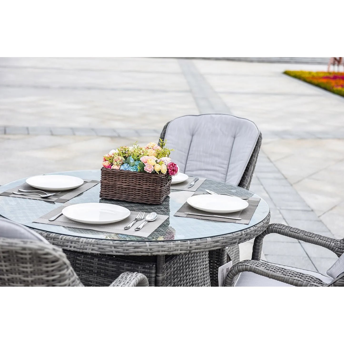 HMS Five-Piece Extendable Dining Set Modern Round Gray Glass Wood for Kitchen Living Room Hotel or Outdoor Home Furniture