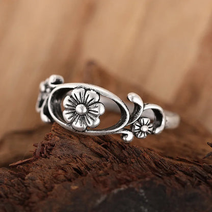 T0278 Flower Pattern Alloy Ring Antique Silver Plated Unisex Fashion Gift for Women & Men