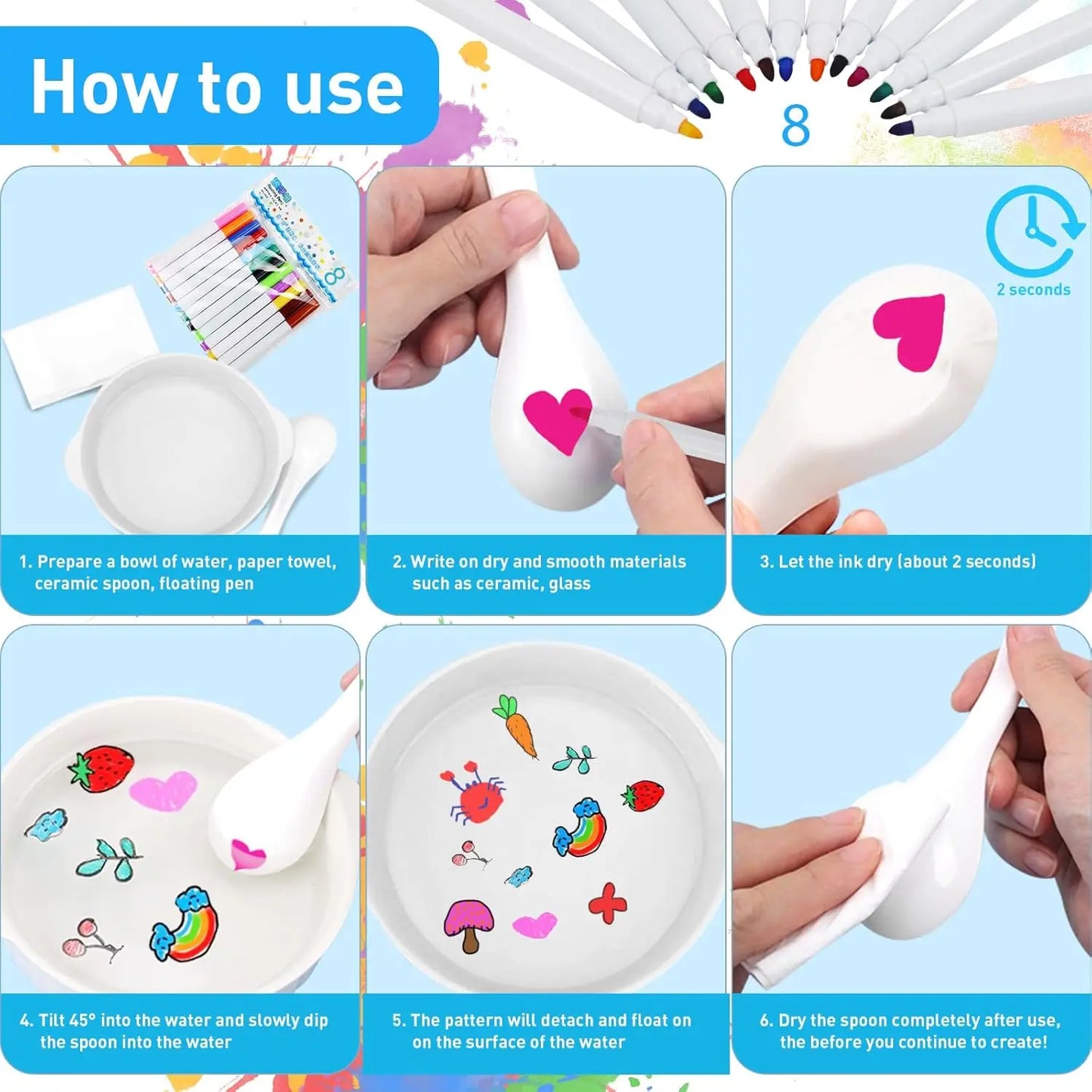 Magical Water Painting Pen-12 Colors Double Ended, Erasing Whiteboard Marker, Doodle Water Floating Pens