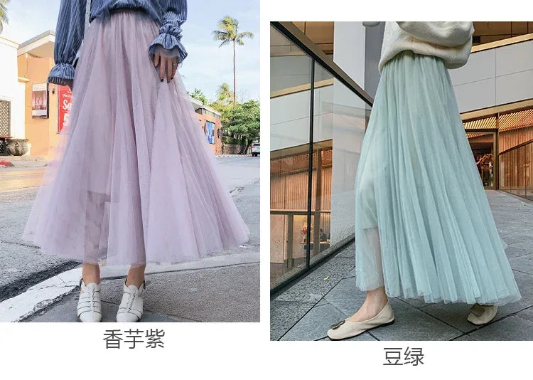 TingYiLi Elegant Tulle Skirt Autumn Winter Big Swing Women Skirt Korean Cute Pink Green Gray Blue Brown Black Long Skirt Tutu