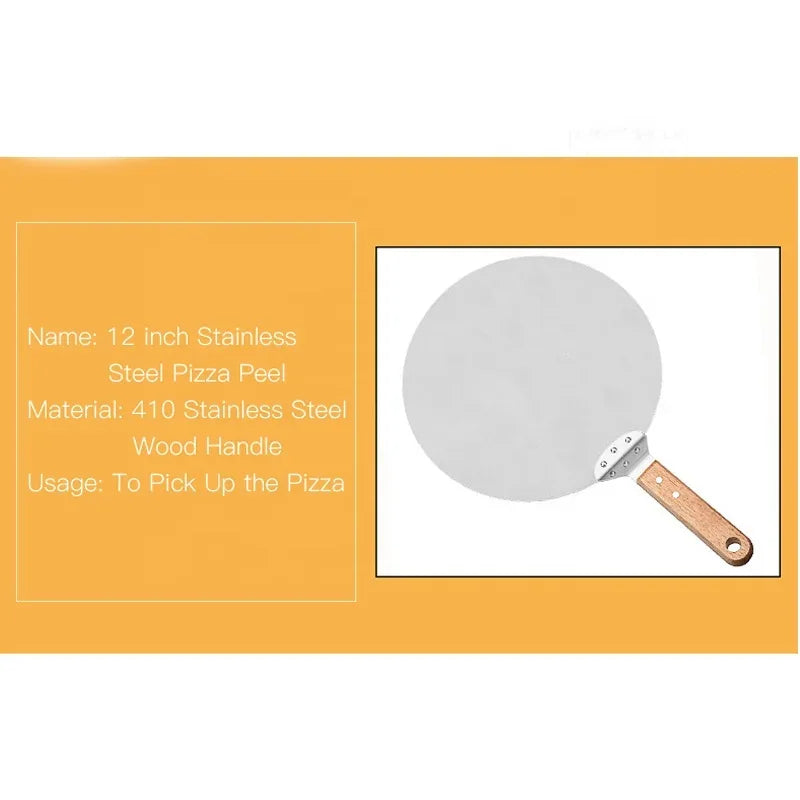 Stainless Steel Pizza Peel Wooden Handle Pizza Shovel Round Paddle Pizza Peels Cake Shovel Spatula Baking Tools