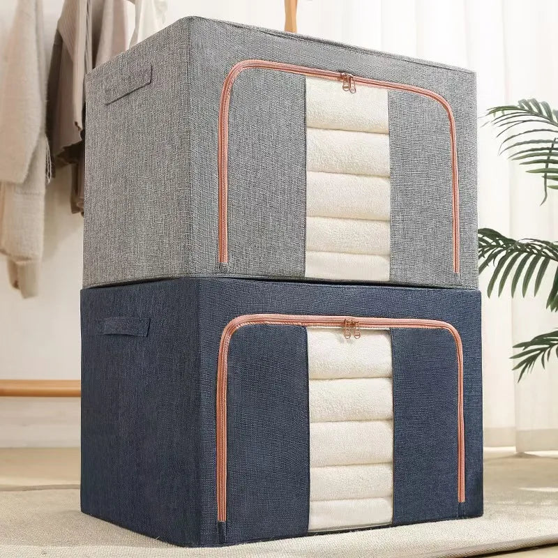 Foldable Clothes Storage Box Capacity Stackable Storage Bag with Metal Frame Dustproof Storage Box with Zipper for Home Room