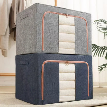 Foldable Clothes Storage Box Capacity Stackable Storage Bag with Metal Frame Dustproof Storage Box with Zipper for Home Room
