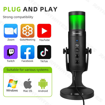 RAYHAYES JI-M90 RGB USB Microphone Condenser Gaming Mic for PC Phone Online Teaching Meeting Livestreaming