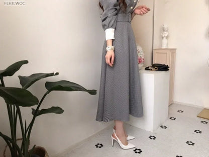 2021 Autumn Spring Basic Belt Plaid Shirt Dress Long Maxi Feminine Vestidos Chic Korea Design Clothes