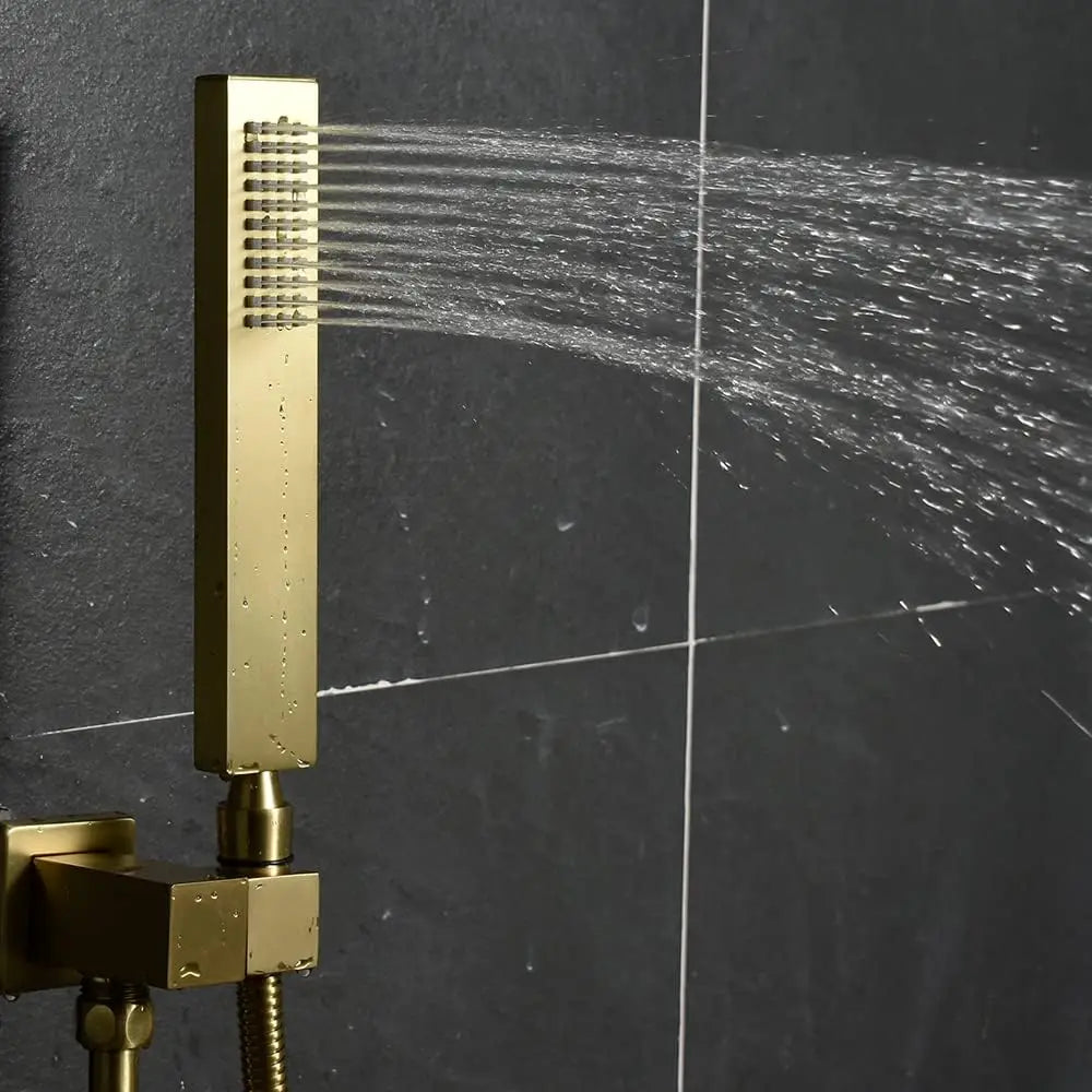 Brushed Gold Shower Body Sprays System 12 Inch LED Wall Mounted Rain Shower Head System Digital Display Thermostatic Shower Set
