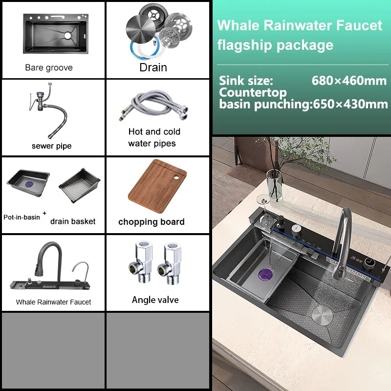 Multifunctional Stainless Steel Kitchen Sink Digital Display Faucet Stain Scratch Resistant Large Single Slot Wash Dish Basin