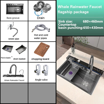 Multifunctional Stainless Steel Kitchen Sink Digital Display Faucet Stain Scratch Resistant Large Single Slot Wash Dish Basin
