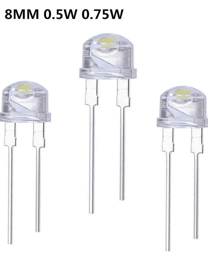 20PCS 100PCS  LED 8mm Straw Hat  Lamp Bead are White Cold Light 0.5W 0.75W  Big chips F8MM Hight Power Hat Light-emitting Diode