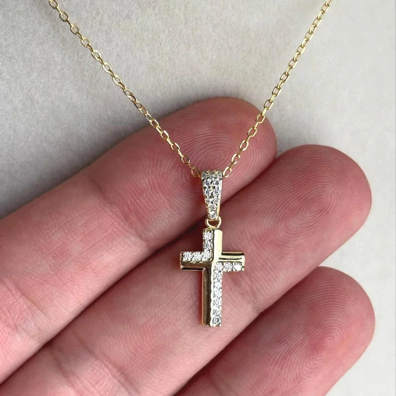Minimalist 0.12ctw Moissanite Pave Cross Necklace Christian Religious Pendant 14K Gold Plated Cross Charm for Party Occasions
