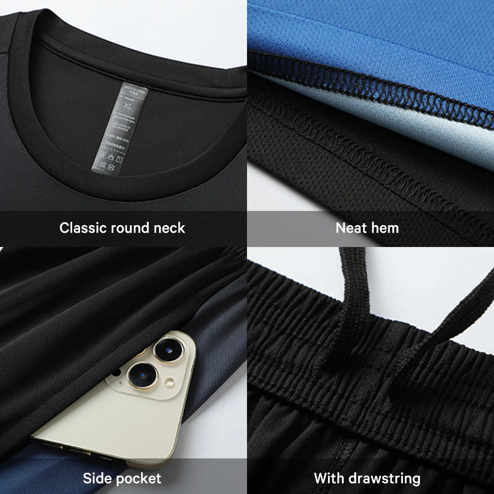 In Stock Fitness Workout Sports Quick Dry T Shirt Shorts 2 Pieces Sets 100% Polyester Custom Running Gym Tracksuits for Men