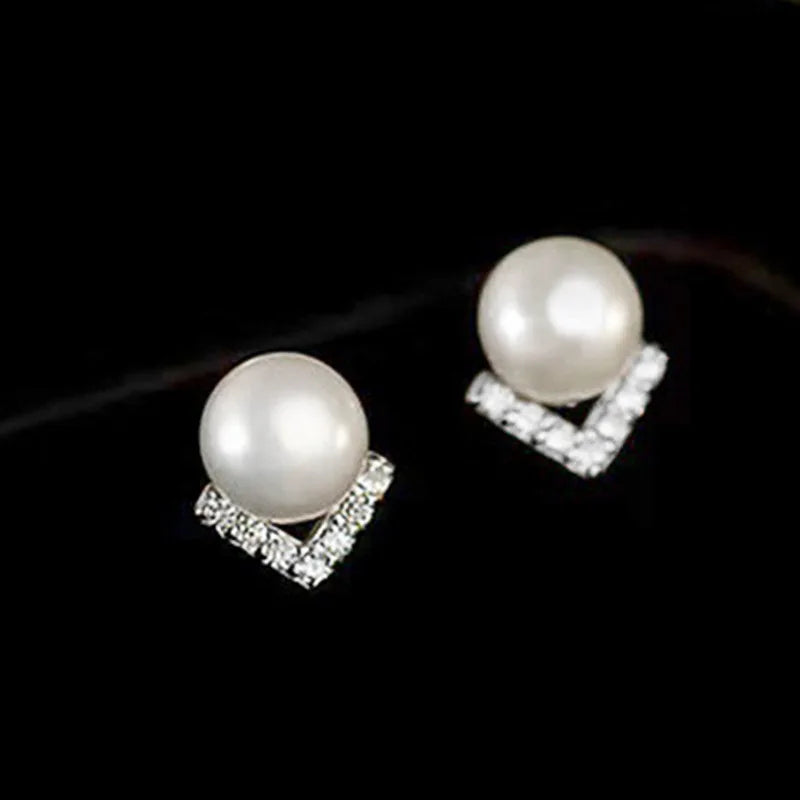 White Gold Faux Pearl Stud Earrings With Crystal Geometric Design For Women Wedding Classic Style Silver Metal