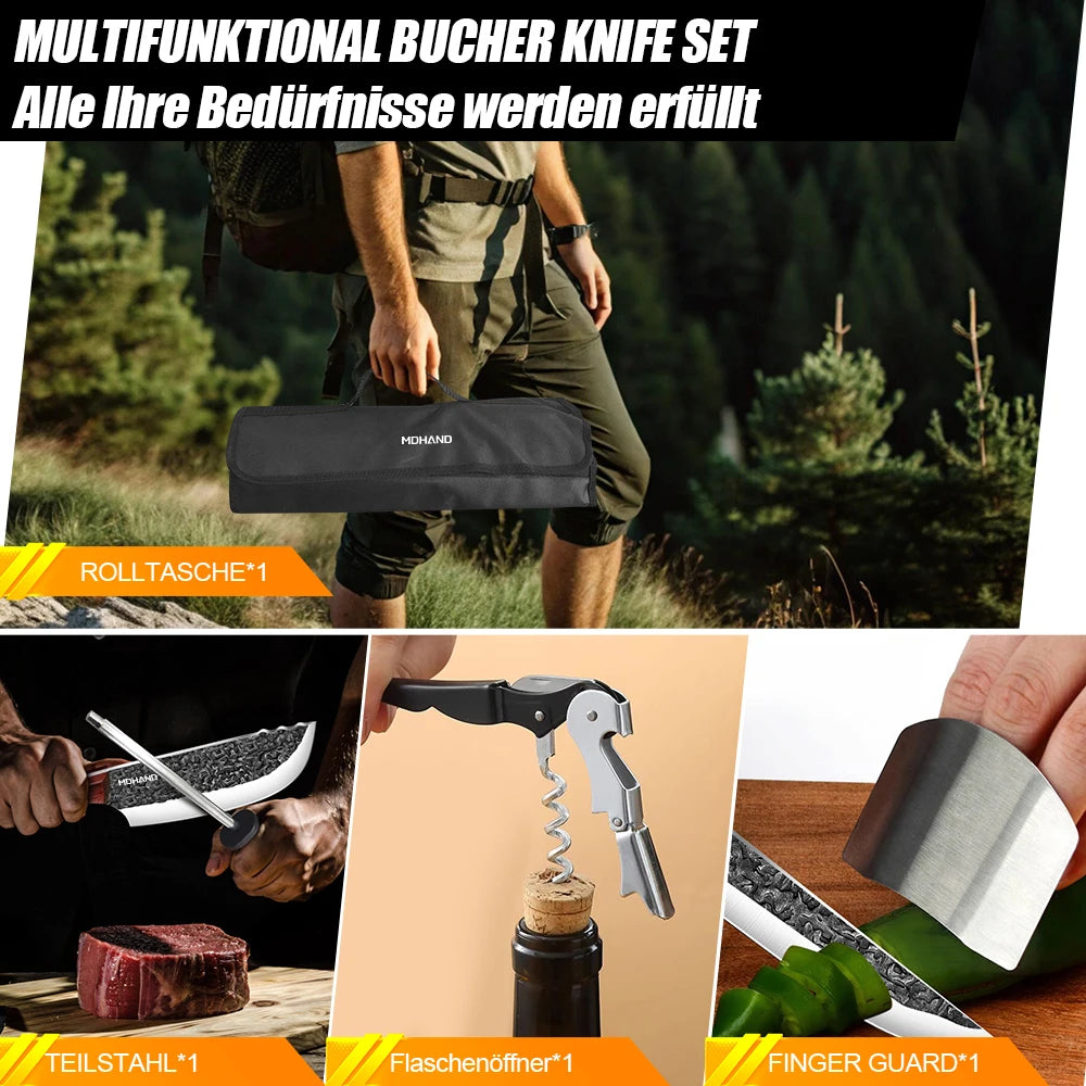 7-Piece Kitchen Knife Set With Leather Sheath and Carry Case Boning Knife Santoku Knife Butcher'S Knife