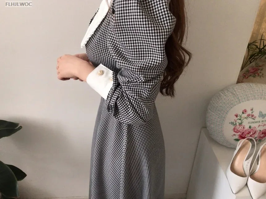 2021 Autumn Spring Basic Belt Plaid Shirt Dress Long Maxi Feminine Vestidos Chic Korea Design Clothes