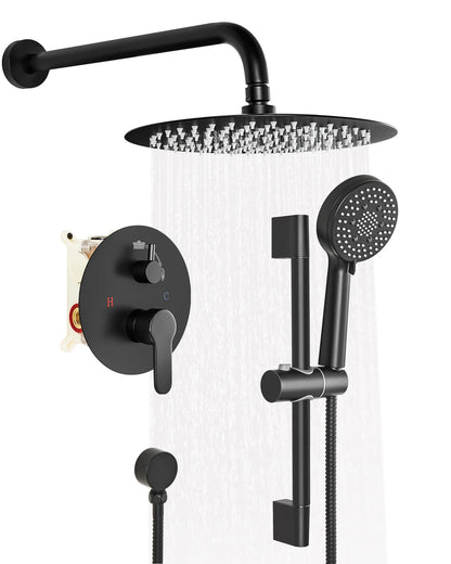 FLG Matte Black Bathroom Stainless Steel Shower Hot and Cold  in High Pressure Rainfall Wall Mount Concealed Shower Set