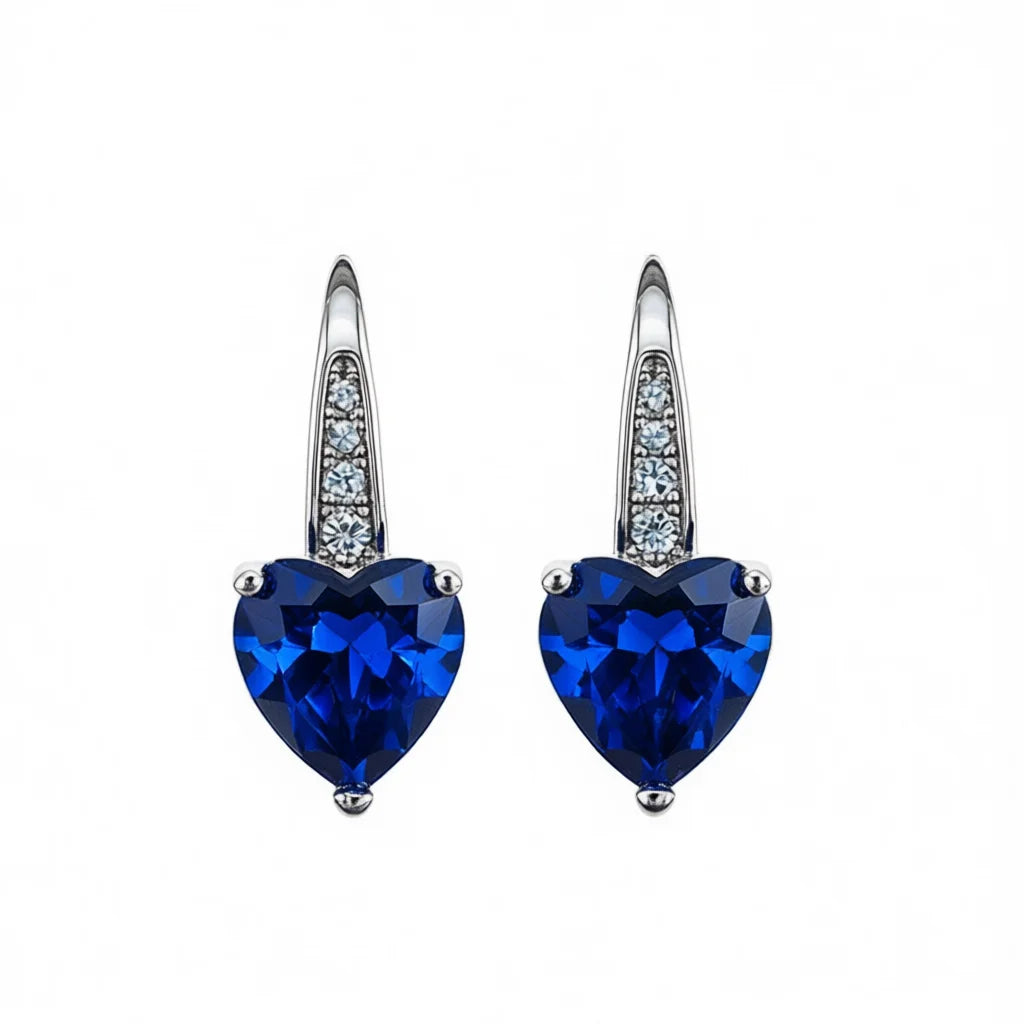 Elegant Heart Shape Crystal Drop Earrings For Women 925 Silver Claw Setting Sea Blue Romantic Everyday Wear Jewelry