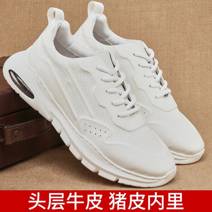 Genuine Leather Chunky Sneakers Round Toe Low Heel Breathable Mesh Lining Rubber Outsole Men's Walking Shoes