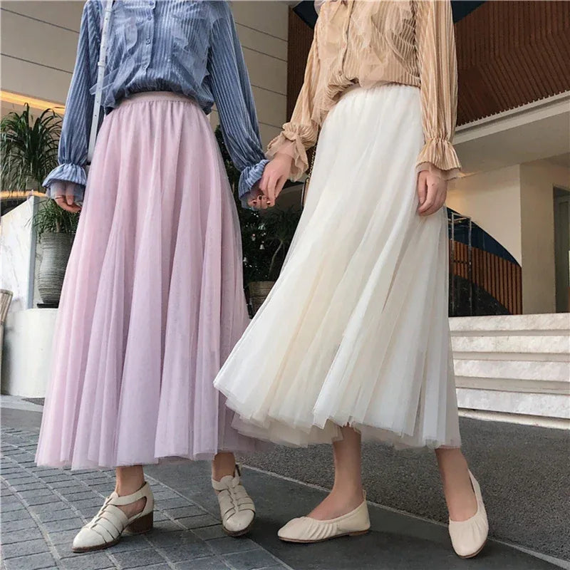 TingYiLi Elegant Tulle Skirt Autumn Winter Big Swing Women Skirt Korean Cute Pink Green Gray Blue Brown Black Long Skirt Tutu