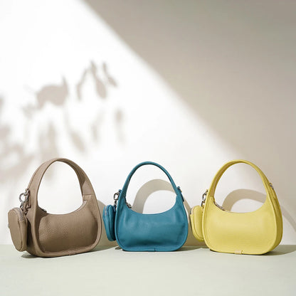 Genuine Cowhide Leather Ladies Shoulder Bag Fashionable Underarm Saddle Handbag Zipper Closure Crescent-Shaped Design for Women