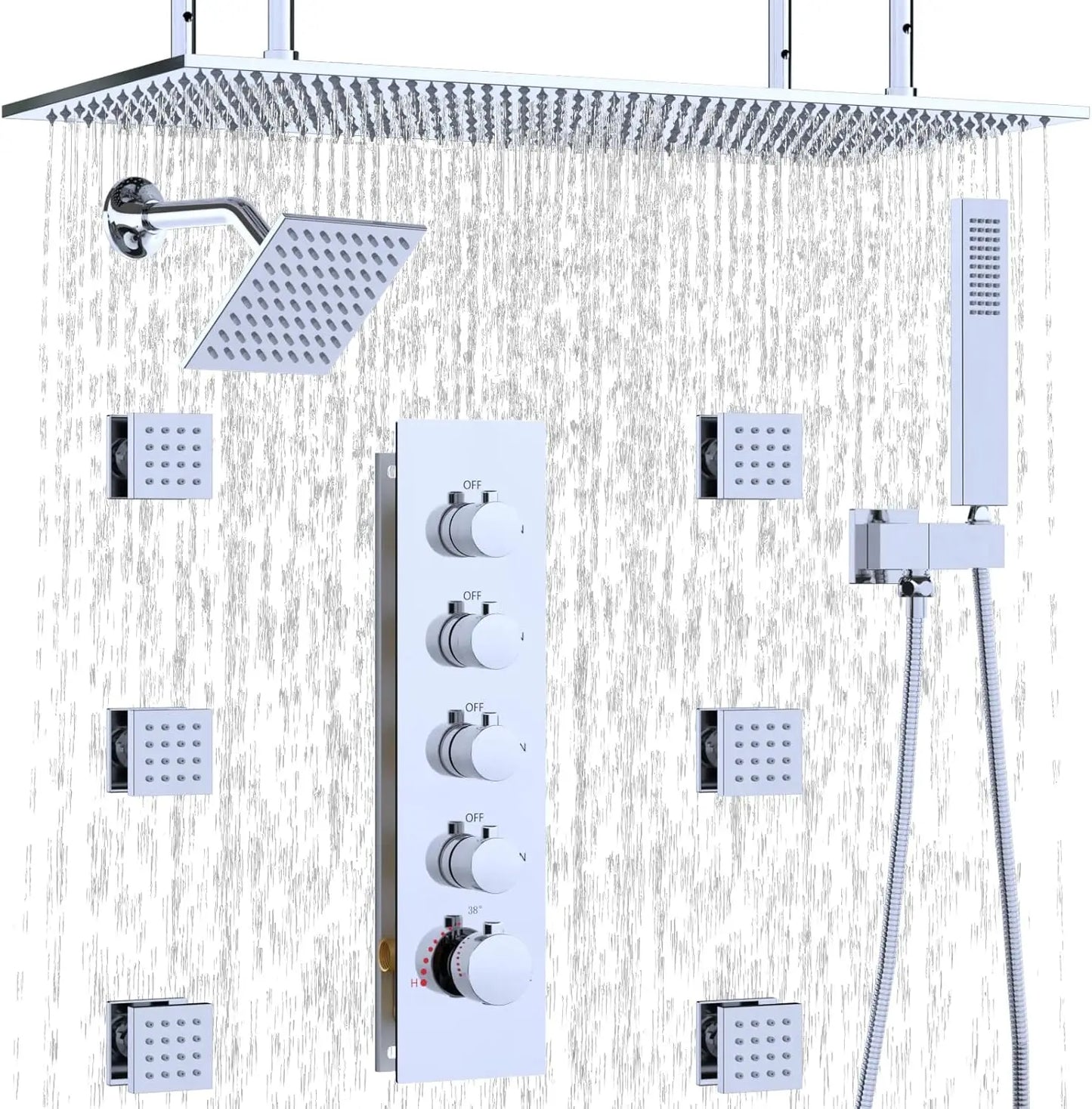 Dual Shower System 15.7x31.5" Rainfall Chrome Rain Shower Handheld Brass 6" Shower Heads Featuring 6pcs Body Jets Soft Spray