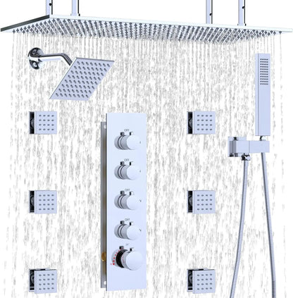 Dual Shower System 15.7x31.5" Rainfall Chrome Rain Shower Handheld Brass 6" Shower Heads Featuring 6pcs Body Jets Soft Spray