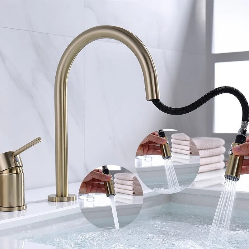 Bathroom Brushed Gold Basin Faucet Brass Pull Down Wash Sink Basin Mixer Tap Faucet
