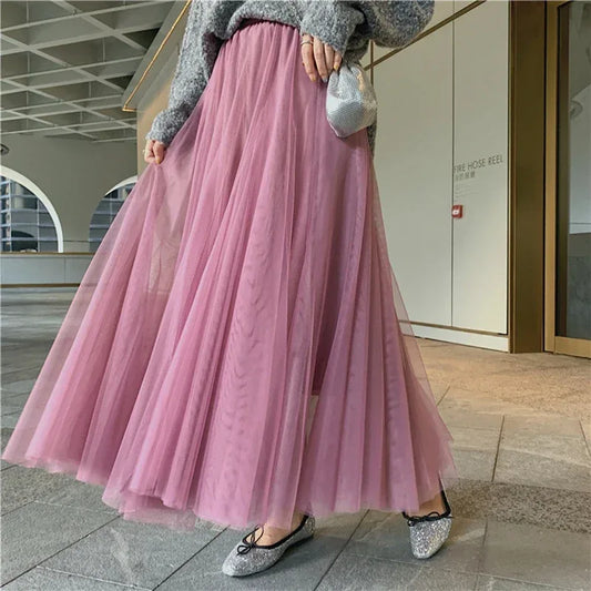 TingYiLi Elegant Tulle Skirt Autumn Winter Big Swing Women Skirt Korean Cute Pink Green Gray Blue Brown Black Long Skirt Tutu by PDG ibma