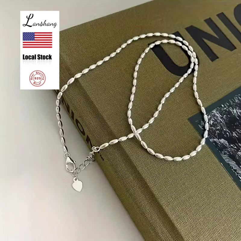 Lanshang S925 Sterling Silver Necklace for Women Olive Oval Beads Fine Chains Necklaces Beaded Design