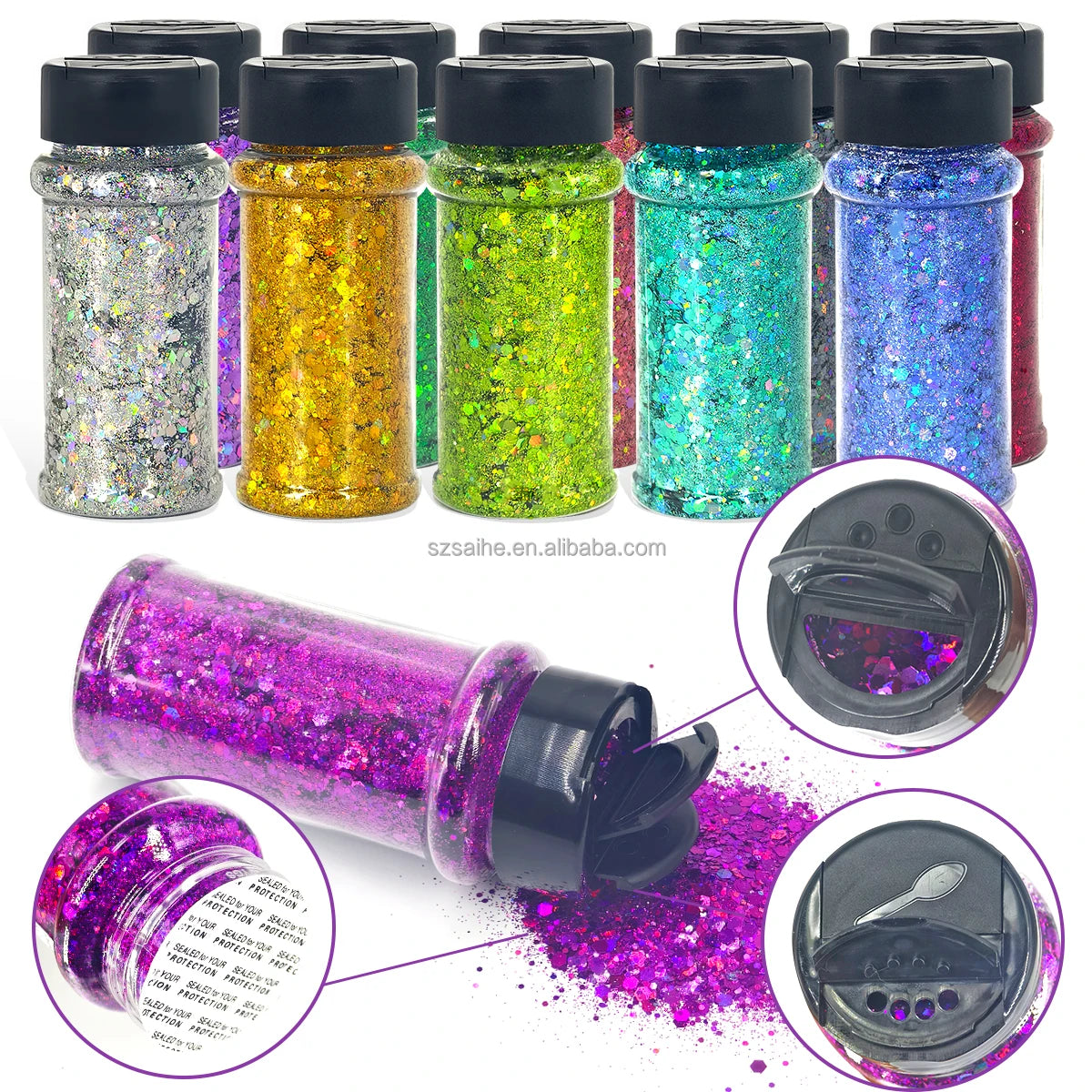 Hot Selling Solvent Resistance Mixed Chunky Glitter Bulk Nail Mugs Crafts Polyester Glitter in 2oz 24 Colors in Shaker