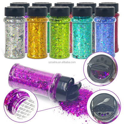 Hot Selling Solvent Resistance Mixed Chunky Glitter Bulk Nail Mugs Crafts Polyester Glitter in 2oz 24 Colors in Shaker