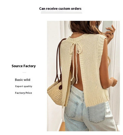Women's Vintage Ice Silk Knitted Vest Spring Summer Casual Cross-Border Fashion Solid Layered Sleeveless Top Apricot Thin